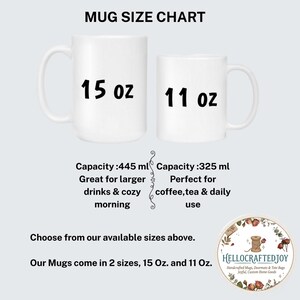 May include: A mug size chart displaying two white ceramic mugs labeled 15 oz and 11 oz. The text includes MUG SIZE CHART, Capacity: 445 ml, Capacity: 325 ml, Choose from our available sizes above, and Our Mugs come in 2 sizes, 15 Oz. and 11 Oz.