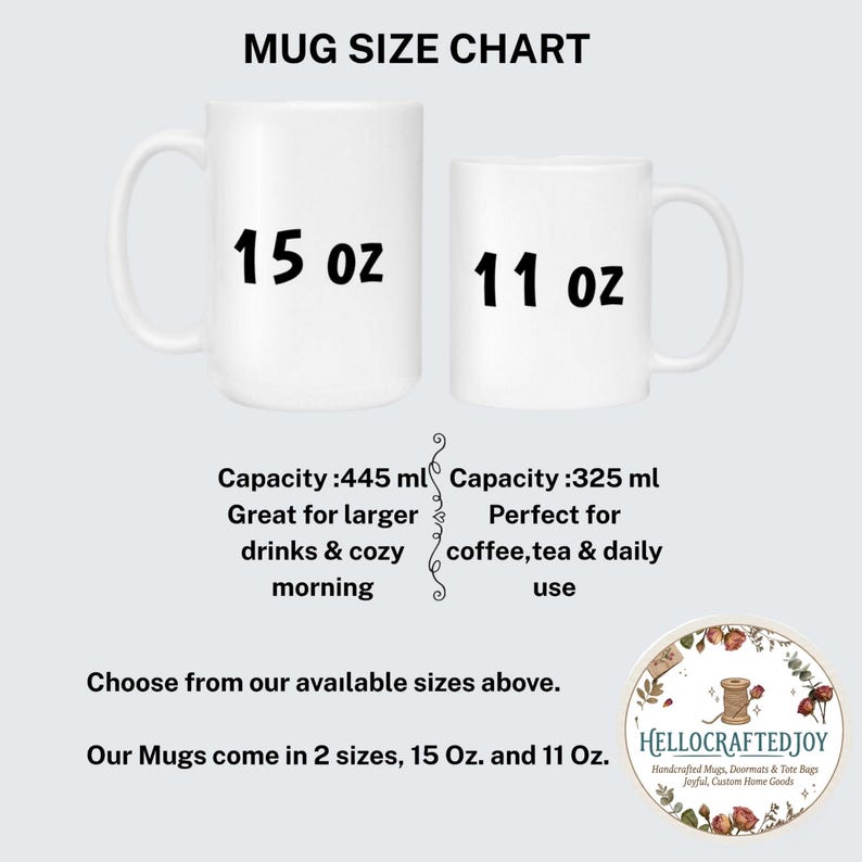 May include: A mug size chart displaying two white ceramic mugs labeled 15 oz and 11 oz. The text includes MUG SIZE CHART, Capacity: 445 ml, Capacity: 325 ml, Choose from our available sizes above, and Our Mugs come in 2 sizes, 15 Oz. and 11 Oz.
