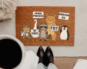 Protest Animals Doormat, Progressive Activist Welcome Mat - Funny Sarcastic Outdoor Coir Rug, Political Porch Decor, Housewarming Gift