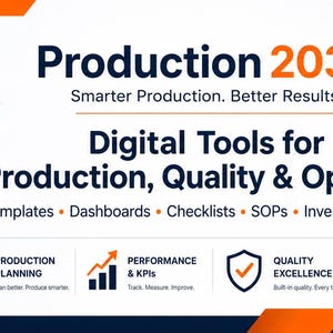 May include: A banner featuring the text Production 2030, Smarter Production. Better Results. Digital Tools for Production, Quality & Operations. It lists templates, dashboards, checklists, SOPs, inventory, and quality tools with icons.