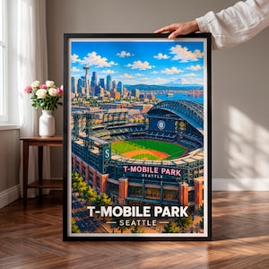 Affiche du T-Mobile Park de Seattle, Décoration murale stade de baseball, Impression rétro sur le thème de Seattle, Cadeau moderne pour fan de sport, Décoration pour salle de jeux ou garage.