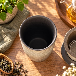 Pode incluir: Uma chávena de chá cilíndrica de cerâmica com um interior liso em cinzento-carvão e um exterior texturado em bege salpicado. A chávena tem um rebordo direito e uma taça profunda e aberta, realçando o contraste entre o vidrado escuro e o acabamento claro.