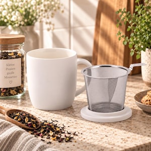 Może przedstawiać: Biały ceramiczny kubek stoi obok zaparzacza do herbaty ze stali nierdzewnej z białą podstawą. Szklany słoik z drewnianą pokrywką zawiera herbatę liściastą i posiada etykietę z napisem "Kleine Pausen große Momente" oraz symbolem serca.