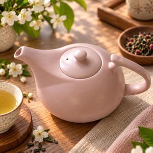 May include: A matte light pink ceramic teapot with a rounded body, a curved spout, and a matching lid with a small knob. The teapot features a side-mounted handle and a smooth, solid-colored finish, presented as a functional piece of kitchenware.