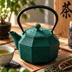 Anhui Gjutjärns Tekanna 0,85L Grön – Geometrisk Japansk Tekanna med Rostfritt Stålinfusionsfilter – Sista Piece