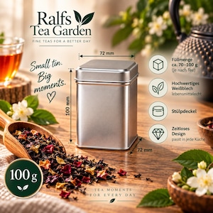 May include: A rectangular silver metal tea tin with a lid, measuring 100 mm in height and 72 mm in width and depth. The tin features the text 'Ralfs Tea Garden', 'Small tin. Big moments.', and 'TEA MOMENTS FOR EVERY DAY' with icons.