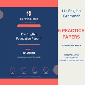 Könnte beinhalten: Ein dunkelblaues und korallenfarbenes Bildungsdokument mit dem Titel 11+ English Foundation Paper 1 von The Revision Room. Es enthält 5 Übungsblätter für englische Grammatik, die Themen wie Wortarten, Pronomen und Zeitformen abdecken, inklusive Antwortbögen und Bewertungsschemata als druckbares PDF.