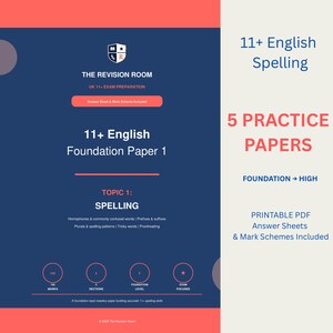 Könnte beinhalten: Ein dunkelblaues und korallenfarbenes Bildungsdokument mit dem Titel 11+ English Foundation Paper 1 von The Revision Room. Es enthält Text zu Rechtschreibung, Homophonen, Präfixen, Suffixen und Pluralen sowie fünf Übungsprüfungen.