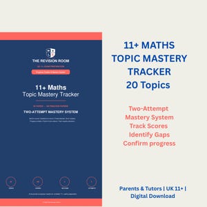 May include: A dark blue and coral 11+ Maths Topic Mastery Tracker document. The text includes 11+ Maths Topic Mastery Tracker, 20 Topics, 100 Practice Papers, Two-Attempt Mastery System, and Parents & Tutors | UK 11+ | Digital Download.