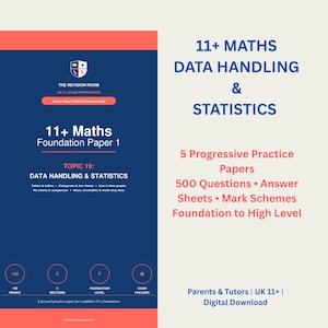 Może przedstawiać: Cyfrowy materiał edukacyjny zatytułowany 11+ Maths Data Handling & Statistics. Dokument utrzymany jest w kolorystyce granatowej i koralowej, zawiera 5 progresywnych arkuszy ćwiczeniowych, 500 pytań, arkusze odpowiedzi oraz schematy oceniania.