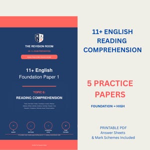 Può includere: Una copertina di documento digitale intitolata 11+ English Reading Comprehension 5 Practice Papers, con un pannello blu scuro che mostra il logo The Revision Room, 11+ English Foundation Paper 1, Topic 6 e un elenco di competenze.