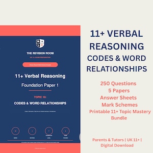 May include: A digital study guide titled 11+ Verbal Reasoning Codes & Word Relationships, featuring a dark blue cover with red accents. It includes 250 questions across 5 papers, answer sheets, and mark schemes for exam preparation.