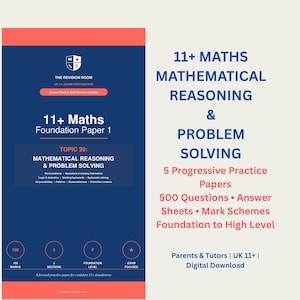 Może przedstawiać: Cyfrowy plik do pobrania z arkuszem matematycznym 11+ Foundation Paper 1, skupiający się na rozumowaniu matematycznym i rozwiązywaniu problemów. Zawiera 5 progresywnych arkuszy ćwiczeniowych, 500 pytań, odpowiedzi i schematy oceniania.