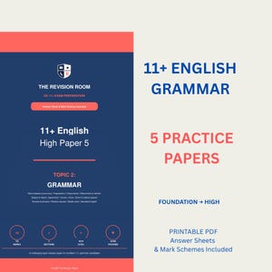 Könnte beinhalten: Ein digitales Dokumentencover mit dem Titel 11+ English Grammar 5 Practice Papers, bestehend aus einem dunkelblauen linken Bereich mit dem Logo The Revision Room und dem Text 11+ English High Paper 5 sowie einem hellbeigen rechten Bereich mit blauem und rotem Text.