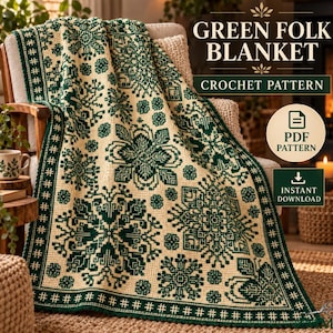 Puede incluir: Una manta de ganchillo con una base de color crema y un patrón folclórico geométrico de color verde oscuro. El texto en la imagen dice GREEN FOLK BLANKET CROCHET PATTERN, PDF PATTERN e INSTANT DOWNLOAD. La manta tiene un borde decorativo.