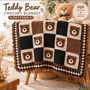 May include: A crochet blanket featuring a grid of alternating black, cream, and brown squares, with several squares displaying a three-dimensional teddy bear face. The text reads Teddy Bear CROCHET BLANKET PATTERN and PDF PATTERN INSTANT DOWNLOAD.