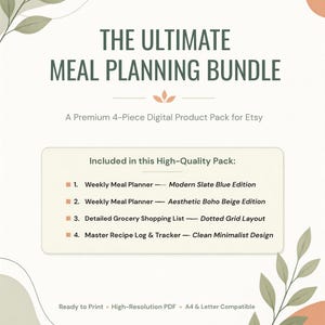 Könnte beinhalten: Ein digitales Essensplanungs-Paket mit dem Text THE ULTIMATE MEAL PLANNING BUNDLE, A Premium 4-Piece Digital Product Pack for Etsy, sowie einer Liste von vier Elementen, darunter ein Wochenplaner, eine Einkaufsliste und ein Rezept-Tracker.
