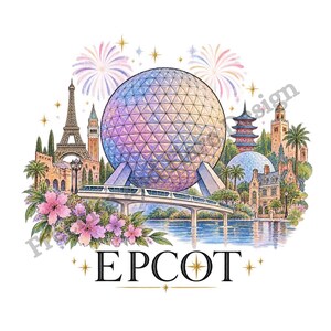 May include: A watercolour illustration of the Epcot geodesic sphere, monorail, and international landmarks including the Eiffel Tower and a pagoda. The scene features pink flowers, fireworks, and the text EPCOT centred at the bottom in black.