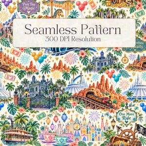 May include: A seamless pattern featuring theme park icons including a haunted mansion, a mountain train, a riverboat, teacups, and fireworks. The text reads Seamless Pattern 300 DPI Resolution, Park Day Magic, and One More Ride.