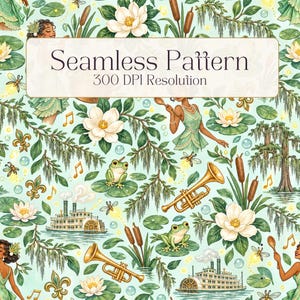 May include: A seamless pattern featuring illustrations of paddle steamers, trumpets, frogs on lily pads, magnolia flowers, cattails, fireflies, and musical notes on a light green background with the text Seamless Pattern 300 DPI Resolution.