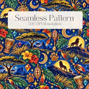 Puede incluir: Un patrón continuo con un cielo nocturno azul oscuro, siluetas de leones, acacias y lunas. El diseño incluye flores de hibisco coloridas, tambores djembe, huellas de patas, plumas y cristales. Texto: Seamless Pattern 300 DPI Resolution.