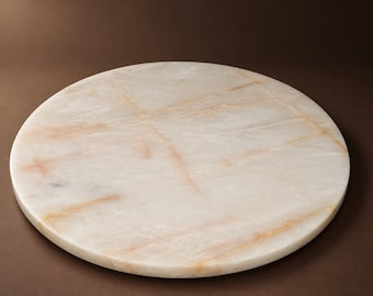 Natural Stone Lazy Susan, 18.5 Inch Rotating Serving Tray, Ivory & Gold Dining Table Centerpiece, Kitchen Countertop Organizer