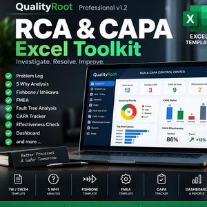Könnte beinhalten: Ein digitales RCA- und CAPA-Excel-Toolkit auf einem Laptop-Bildschirm, das ein Dashboard mit Diagrammen und Kennzahlen zeigt. Die Benutzeroberfläche umfasst Module für ein Problemprotokoll, 5-Why-Analyse, Fishbone, FMEA, Fehlerbaumanalyse und CAPA-Tracker.
