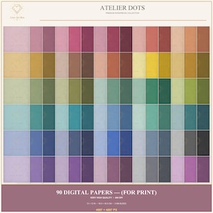May include: A collection of 90 digital papers titled ATELIER DOTS, featuring a grid of various solid colors with a subtle dot pattern. The text includes ATELIER DOTS, PREMIUM SCRAPBOOK COLLECTION, 90 DIGITAL PAPERS — (FOR PRINT), 400 DPI, 12 x 12 IN, and 4897 x 4897 PX.
