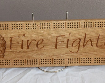 Fire Fighter cribbage board with 3D Maltese cross made from Oak