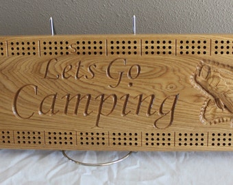 Lets Go Camping cribbage board Made from Black Ash