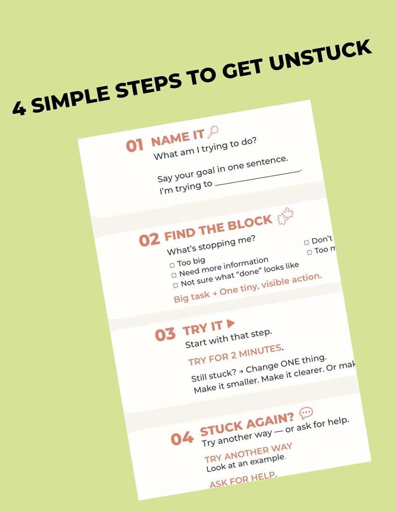 K&ouml;nnte beinhalten: Eine wei&szlig;e Informationskarte mit schwarzem und terrakottafarbenem Text mit dem Titel 4 SIMPLE STEPS TO GET UNSTUCK. Sie listet vier nummerierte Schritte auf: 01 NAME IT, 02 FIND THE BLOCK, 03 TRY IT und 04 STUCK AGAIN?, inklusive Aufforderungen.