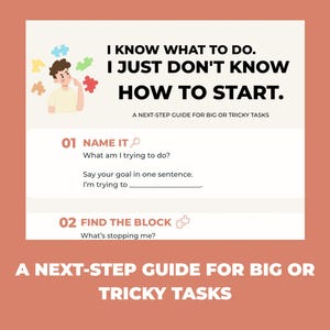 K&ouml;nnte beinhalten: Ein Leitfaden mit dem Titel I KNOW WHAT TO DO. I JUST DON'T KNOW HOW TO START. A NEXT-STEP GUIDE FOR BIG OR TRICKY TASKS. Er zeigt eine Zeichentrickfigur mit Puzzleteilen sowie Abschnitte mit der Bezeichnung 01 NAME IT und 02 FIND THE BLOCK.