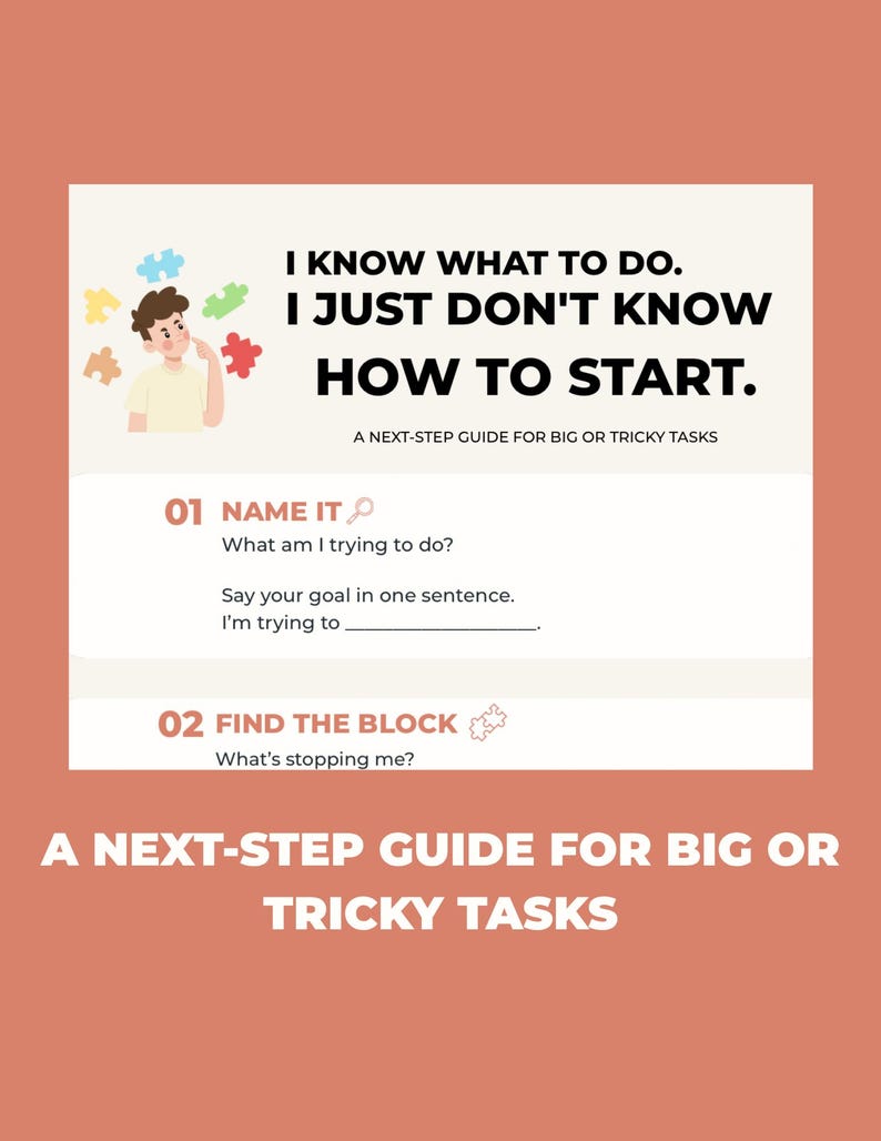 K&ouml;nnte beinhalten: Ein Leitfaden mit dem Titel I KNOW WHAT TO DO. I JUST DON'T KNOW HOW TO START. A NEXT-STEP GUIDE FOR BIG OR TRICKY TASKS. Er zeigt eine Zeichentrickfigur mit Puzzleteilen sowie Abschnitte mit der Bezeichnung 01 NAME IT und 02 FIND THE BLOCK.