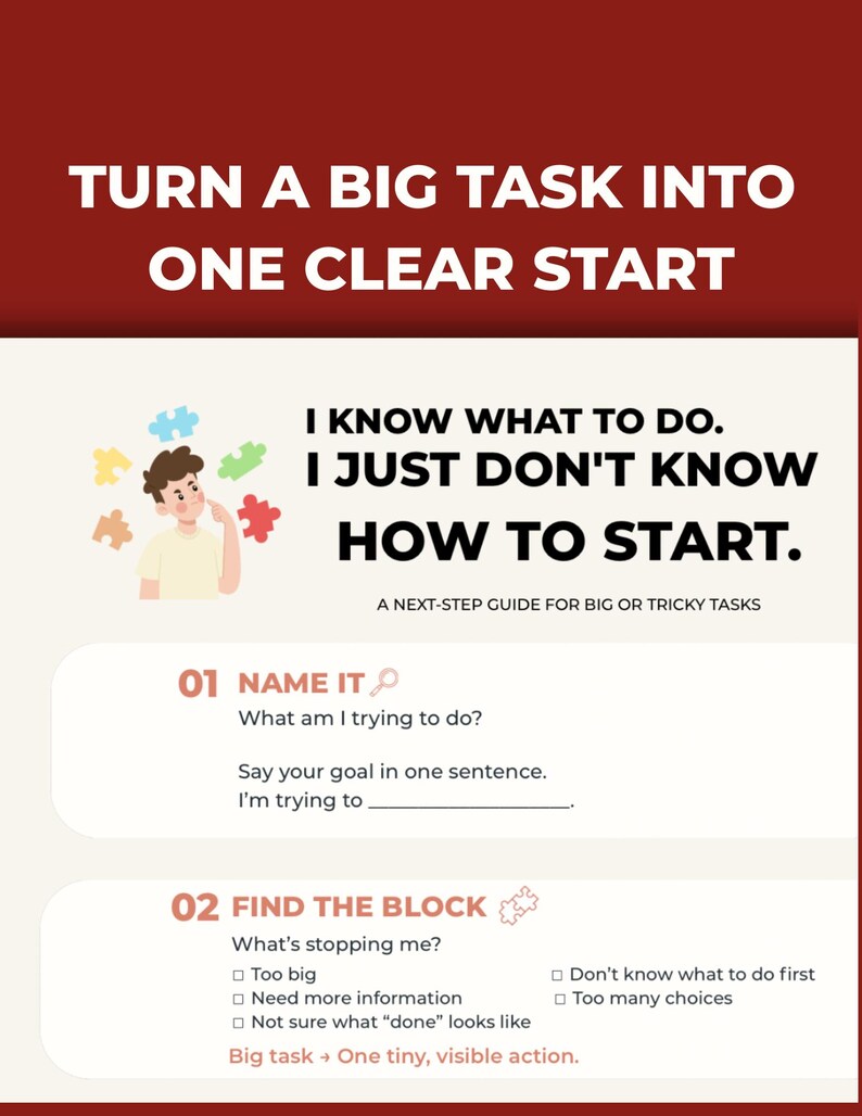 K&ouml;nnte beinhalten: Ein Leitfaden mit dem Titel TURN A BIG TASK INTO ONE CLEAR START und dem Text I KNOW WHAT TO DO. I JUST DON'T KNOW HOW TO START. A NEXT-STEP GUIDE FOR BIG OR TRICKY TASKS. Er enth&auml;lt die Abschnitte 01 NAME IT und 02 FIND THE BLOCK mit K&auml;stchen.