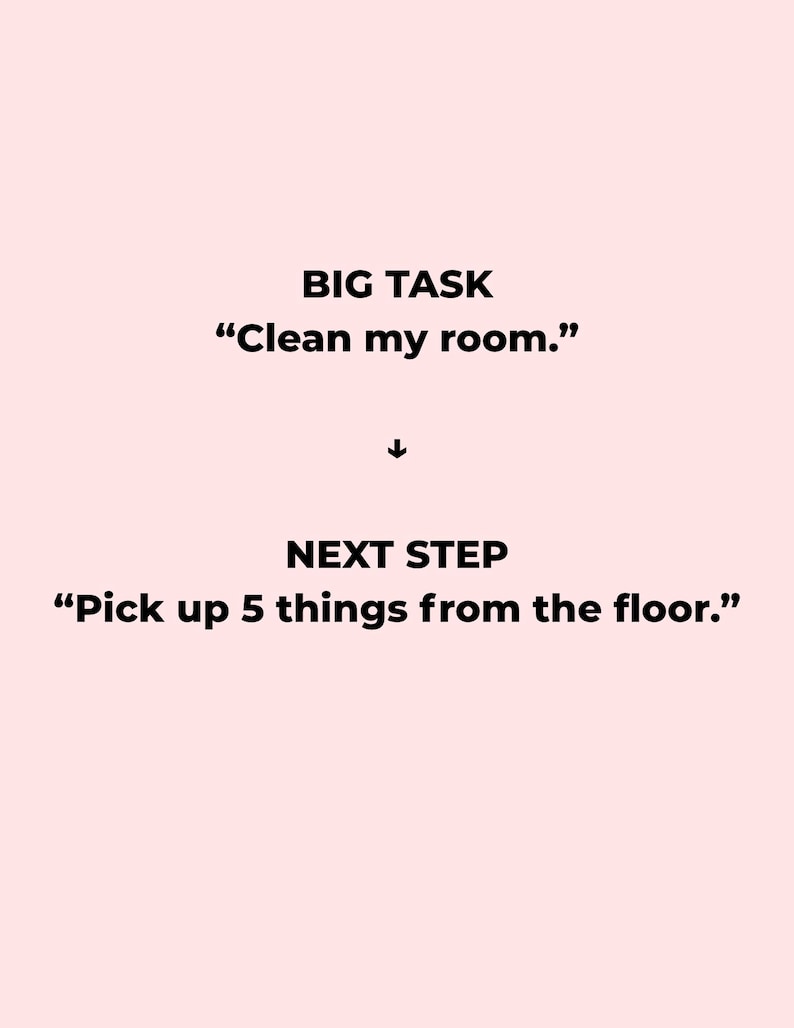 K&ouml;nnte beinhalten: Eine hellrosa Grafik mit schwarzem Text. Der obere Bereich zeigt BIG TASK "Clean my room." Darunter befindet sich ein schwarzer Pfeil nach unten. Der untere Bereich zeigt NEXT STEP "Pick up 5 things from the floor." Das Design ist schlicht.