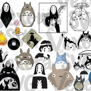 以下が含まれることがあります： アニメ映画のキャラクターを描いた20種類のグラフィックイラストのデジタルコレクション。灰色の森の精霊、仮面の人物、黒猫、小さな黄色い生き物などが含まれており、左側にはVexora SVGというテキストが記載されています。