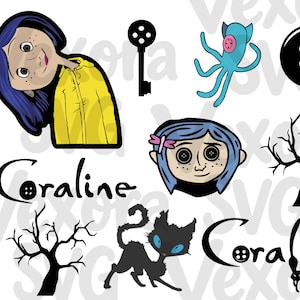 May include: A digital graphic set featuring a character with blue hair in a yellow raincoat, a black skeleton key, a blue octopus-like creature, a black button, a character with button eyes, two bare trees, a black cat, and the text Coraline.