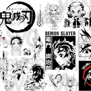 以下が含まれることがあります： 鬼滅の刃のキャラクター、マスク、刀を描いた白黒のデジタルイラスト集。このグラフィックセットには、アニメスタイルのポートレート、シンボル、および「Demon Slayer」、「炭治郎」、日本語の漢字などのテキスト要素が含まれています。