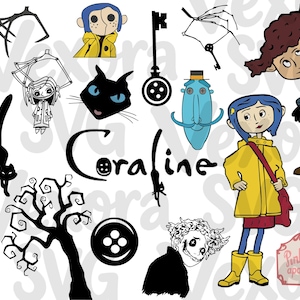 May include: A digital graphic collection featuring Coraline characters and motifs including a yellow raincoat, blue hair, a black cat, a skeleton key, a button, a twisted tree, and the text Coraline and Pink Palace apartments in various styles.