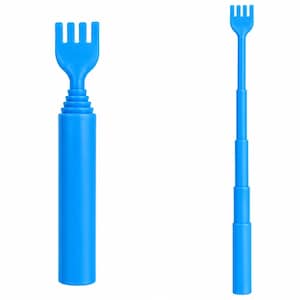 May include: A bright blue telescopic back scratcher featuring a four-pronged claw head. The device is shown in two states: one fully retracted into a compact cylindrical handle and one fully extended with a long, multi-section metal shaft.