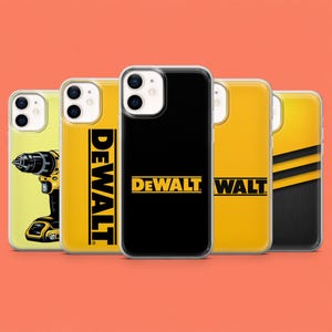 May include: Five clear smartphone cases featuring DeWalt branding. Designs include a yellow drill, vertical and horizontal DeWalt logos in black, and black diagonal stripes on a yellow and black background. Each case has a dual camera cutout.