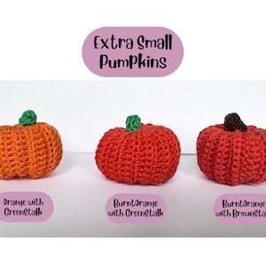 May include: Three crocheted pumpkins labelled Extra Small Pumpkins. The first is orange with a green stalk, the second is burnt orange with a green stalk, and the third is burnt orange with a brown stalk. Each pumpkin features a textured yarn surface.
