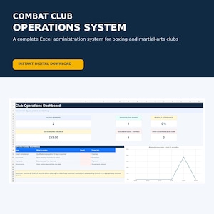 May include: A digital Excel administration system for boxing and martial-arts clubs titled Combat Club Operations System. The dashboard displays metrics including active members, outstanding balance of £33.00, attendance, and operational warnings.