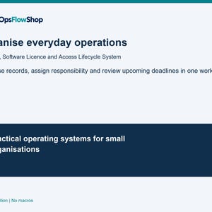 May include: A digital document titled OpsFlowShop featuring the text Organise everyday operations, IT Asset, Software Licence and Access Lifecycle System, and Practical operating systems for small organisations, with the page number 1/7 at the bottom.