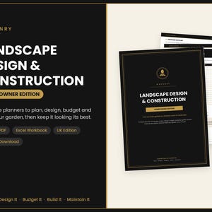 Może przedstawiać: Cyfrowy planer projektowania i budowy krajobrazu dla właścicieli domów, z czarną okładką i złotym napisem Landscape Design & Construction Homeowner Edition. Zawiera 13 wypełnialnych planerów, arkusz Excel i formaty PDF do projektów ogrodowych.