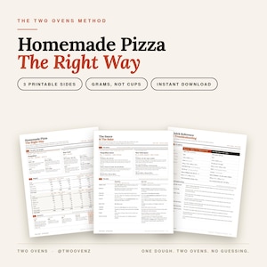 May include: A digital guide titled The Two Ovens Method: Homemade Pizza The Right Way, featuring three printable pages with detailed recipes, ingredient measurements in grams, and troubleshooting tips for making pizza at home.