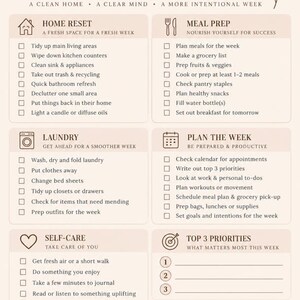 Könnte beinhalten: Eine beige Sunday Reset Checkliste mit dunkelbraunem Text, unterteilt in Bereiche für Haushalt, Mahlzeiten, Wäsche, Wochenplanung, Selbstfürsorge und Prioritäten. Das Dokument enthält Kontrollkästchen, Symbole und den Text Reset, Refocus, Recharge.