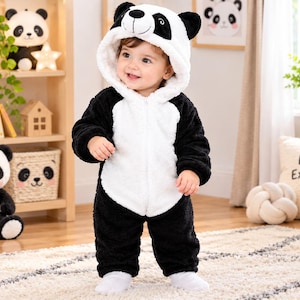 May include: A black and white plush panda onesie featuring a hood with a panda face, including ears, eyes, and a nose. The garment is made of a soft, fuzzy material with a white center panel and black sleeves and legs, designed with a front zipper.