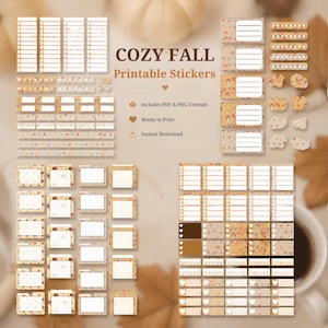 Könnte beinhalten: Eine Sammlung von druckbaren Aufklebern mit herbstlichen Mustern aus Pilzen, Blättern und Kürbissen. Das Set enthält verschiedene rechteckige Etiketten, Checklisten und dekorative Symbole mit dem Text COZY FALL Printable Stickers.