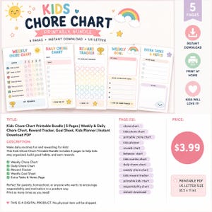 Op de afbeelding: Een printbare set van vijf pagina's met takenkaarten voor kinderen, inclusief een weekoverzicht, dagoverzicht, beloningstracker, doelstellingenblad en een pagina voor extra taken en notities, versierd met regenbogen en sterren.